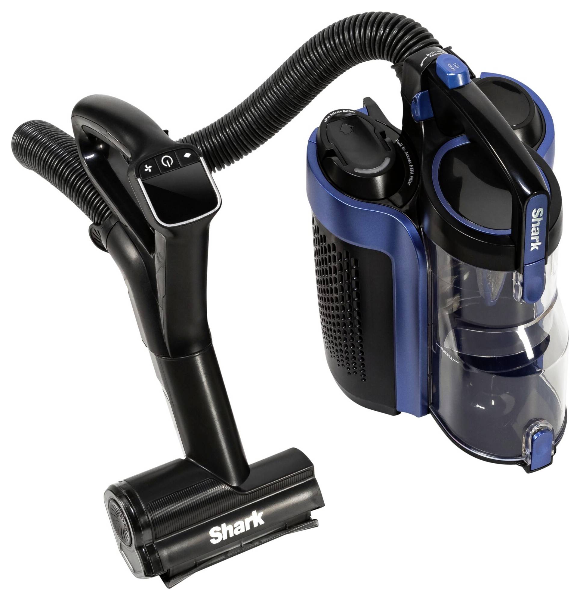 Przenośny, czarno-niebieski odkurzacz z przezroczystym zbiornikiem i elastycznym wężem ssącym marki 'Shark'.