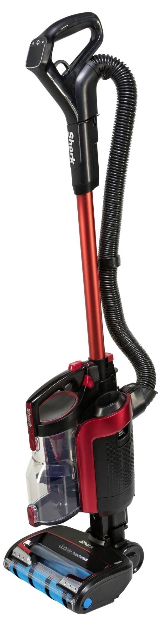 Czerwony i czarny odkurzacz z uchwytem i przezroczystym zbiornikiem na kurz. Odpowiedni do czyszczenia dywanów i twardych podłóg.