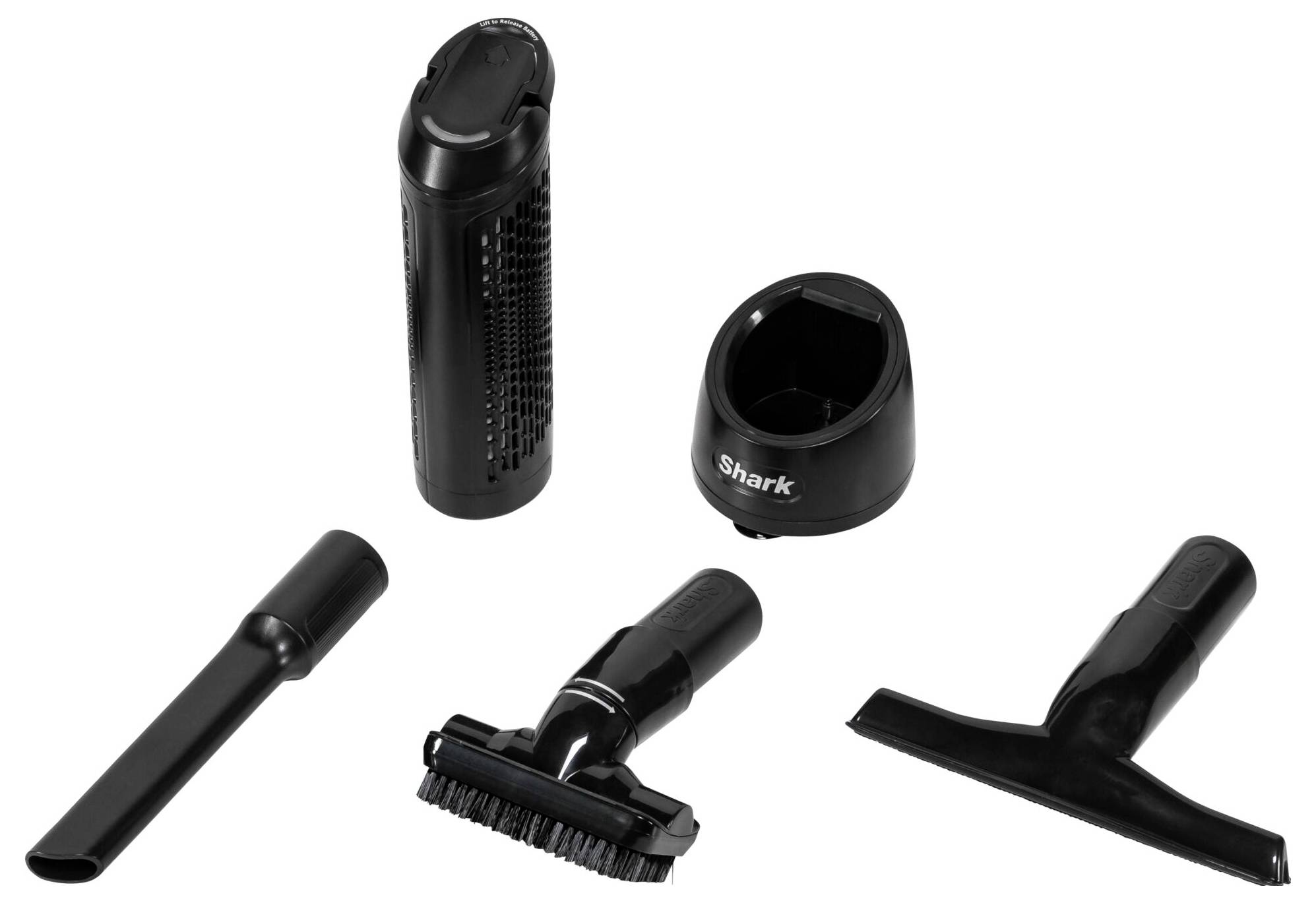 Zestaw odkurzacza z różnymi końcówkami, w tym wąską dyszą, głowicą szczotkową, głowicą do zamiatania, filtrem i stacją ładującą.