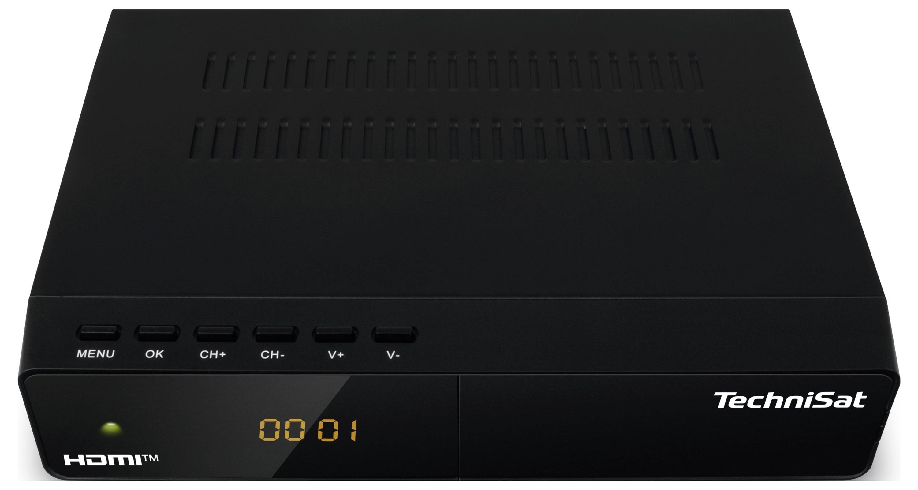Czarny odbiornik DVB firmy TechniSat z przyciskami do menu, OK, zmiany kanału i regulacji głośności. Wyświetlacz LED pokazuje '0001'.