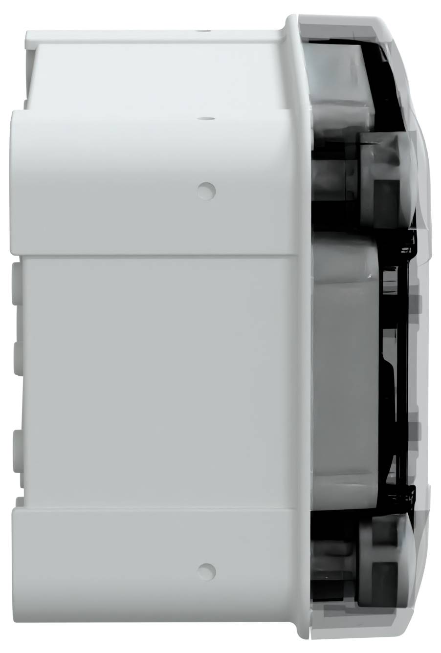 Widok z boku białego urządzenia elektronicznego przedstawiający jego prostokątny kształt i liczne porty przyłączeniowe.