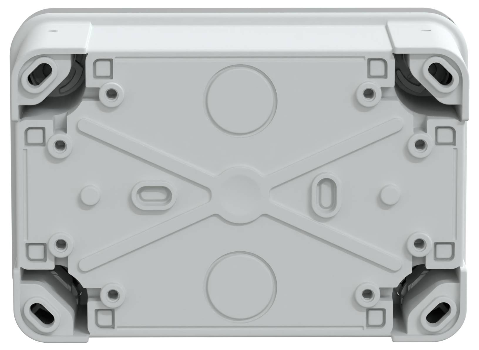 Prostokątna, szara plastikowa obudowa elektroniczna z zaokrąglonymi narożnikami, otworami na śruby i wzorem krzyża na powierzchni.