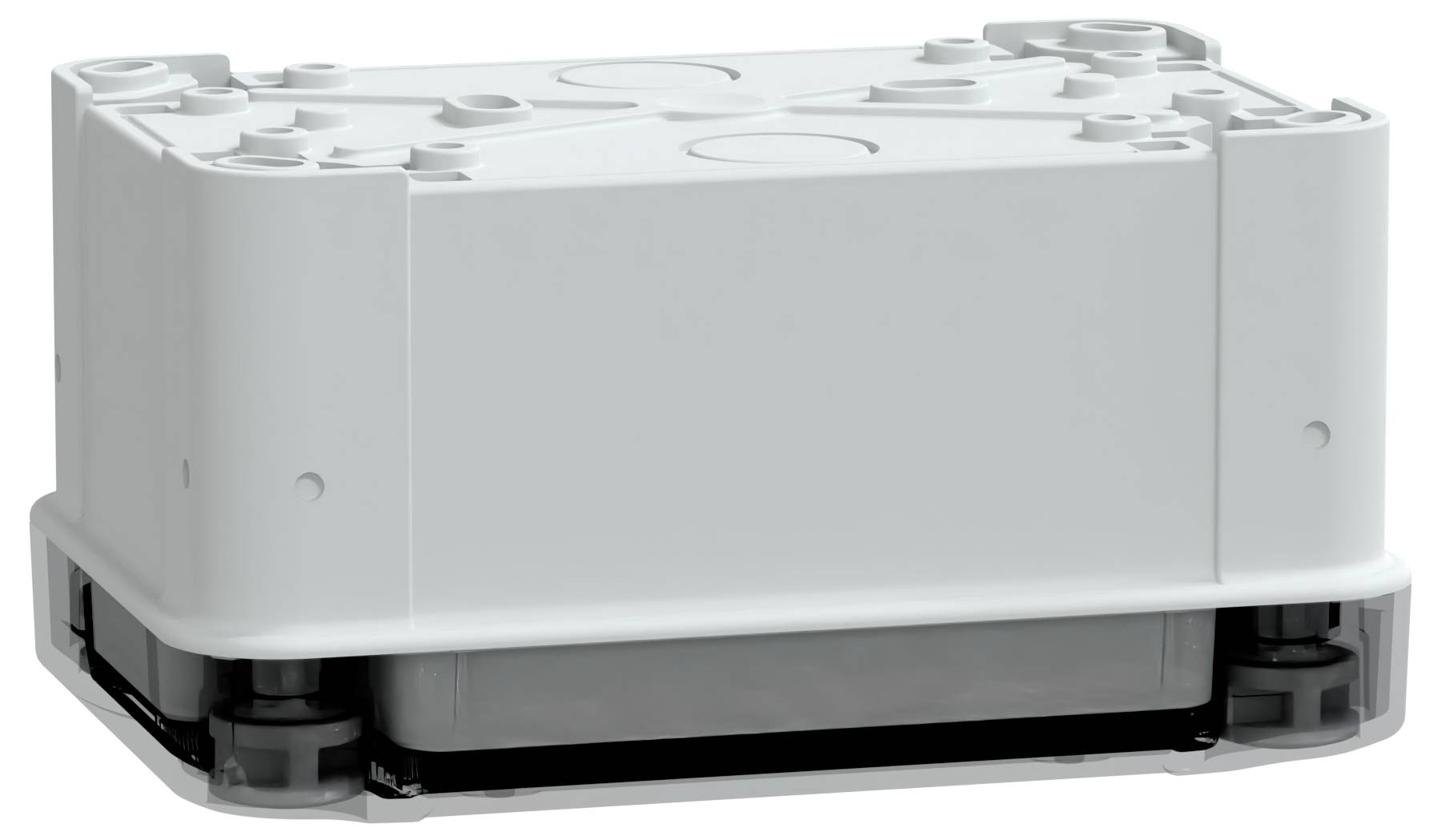 Prostokątna biała plastikowa obudowa z zaokrąglonymi narożnikami, spoczywająca na ciemnej podstawie, prawdopodobnie służąca do osłony elementów elektrycznych.