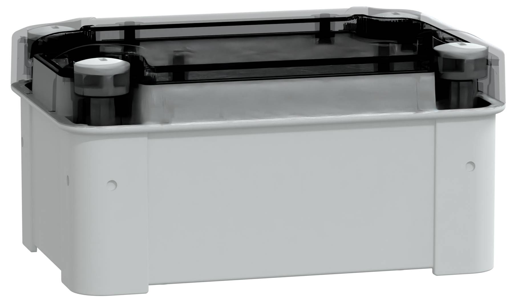 Prostokątny, szary pojemnik z przezroczystą czarną pokrywką, przeznaczony do przechowywania lub organizacji, prezentujący prosty i funkcjonalny design.