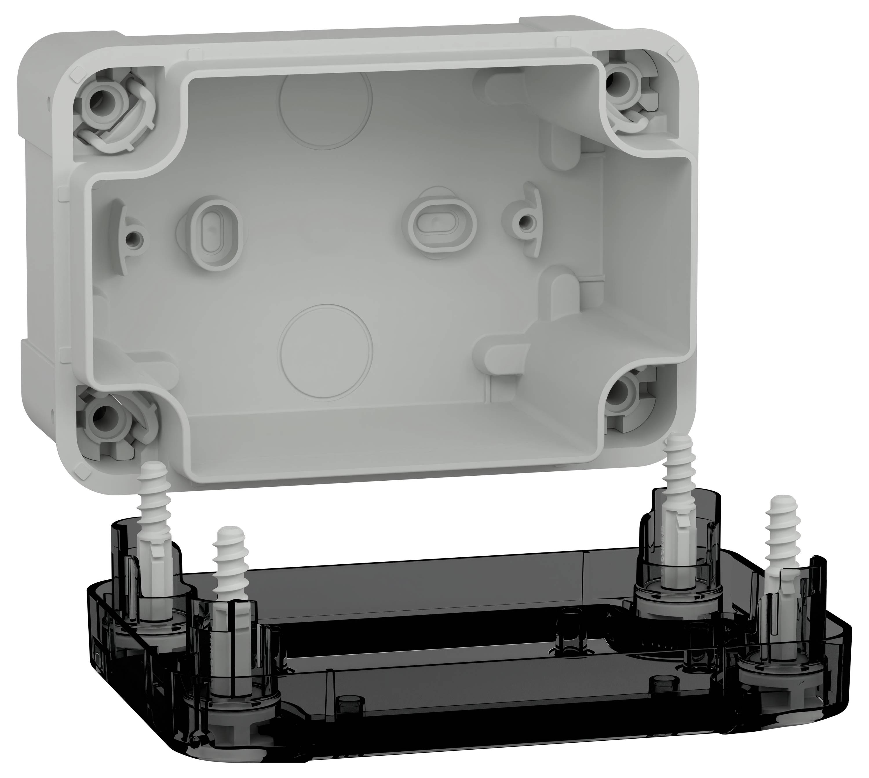 Szara plastikowa puszka elektryczna z zdejmowaną pokrywą, wyposażona w śrubowe mocowania.