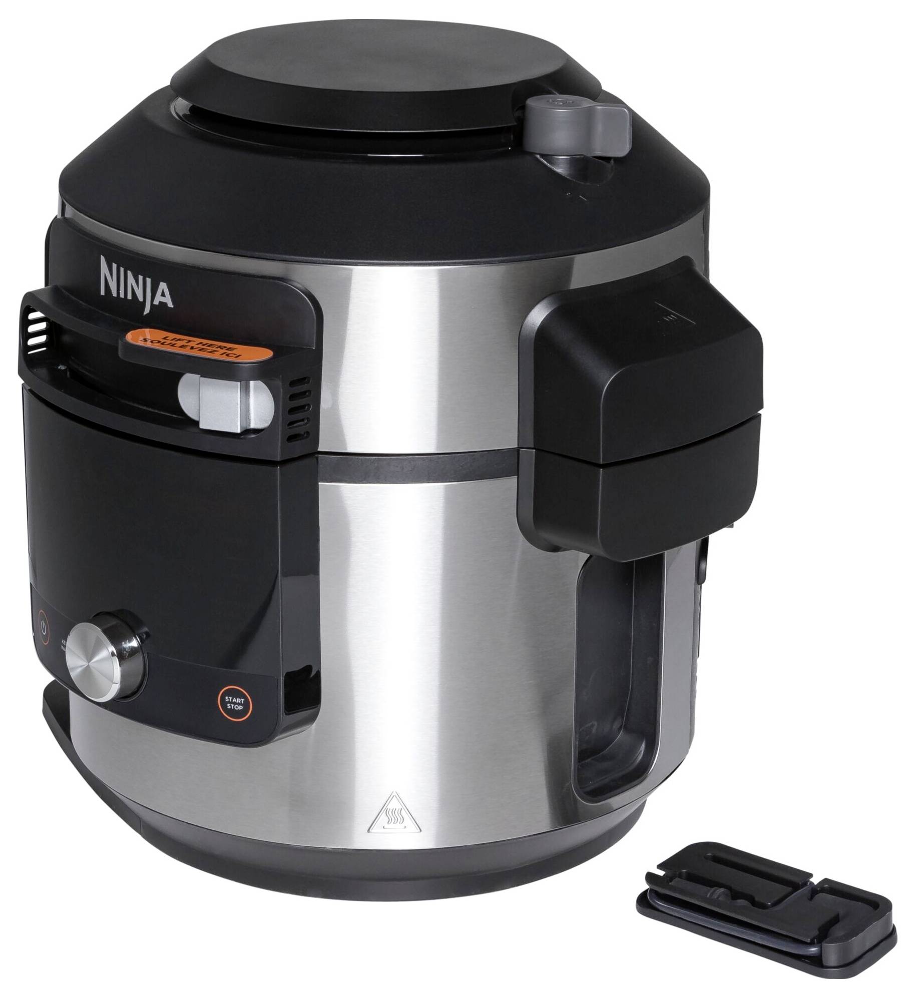 Wielofunkcyjny garnek kuchenny z obudową ze stali nierdzewnej, czarnym panelem sterowania, uchwytem bocznym i wyjmowalną wkładką.