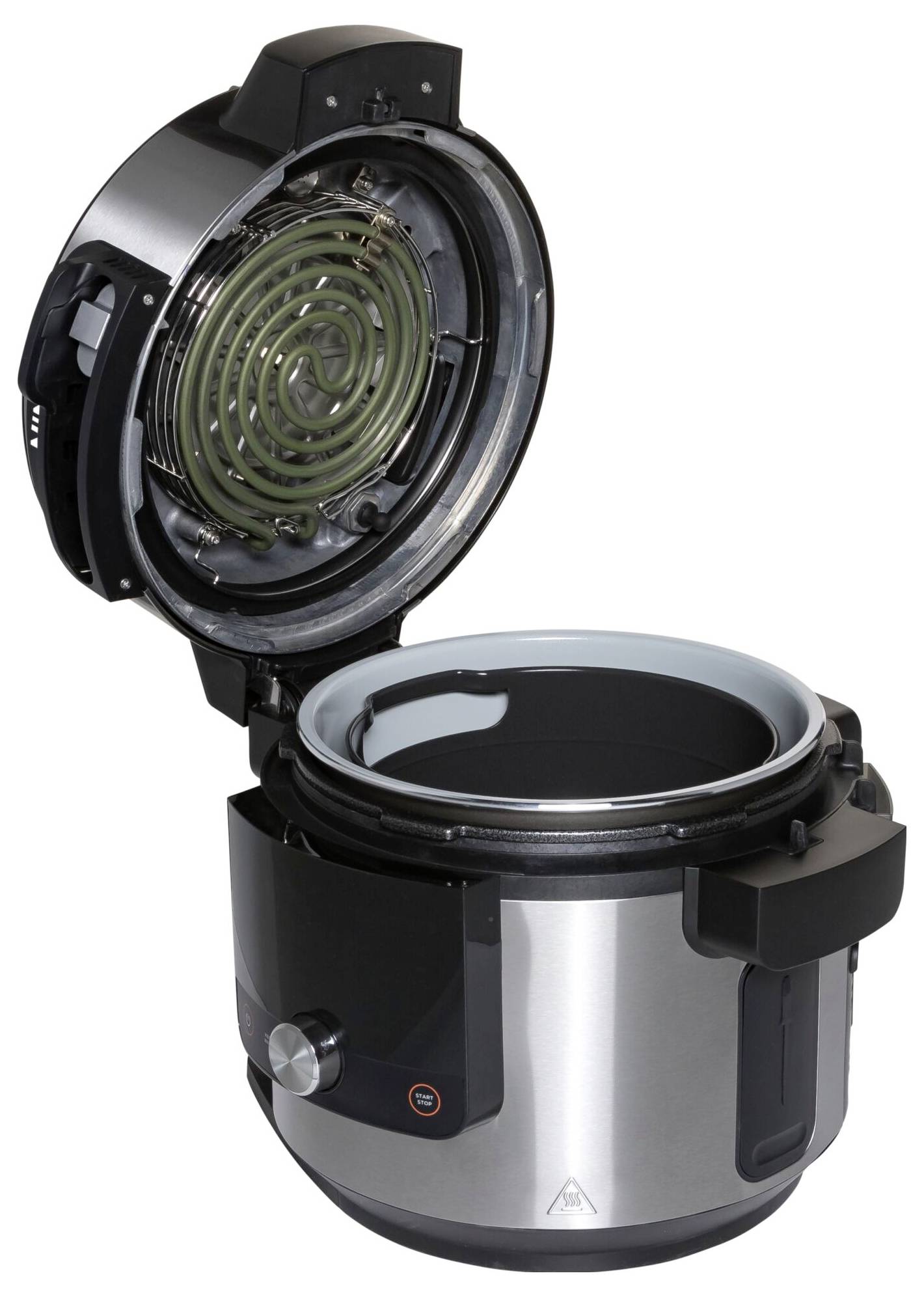 Elektryczny szybkowar z otwartą pokrywą, widoczne są elementy grzejne w pokrywie oraz pusty wewnętrzny garnek.