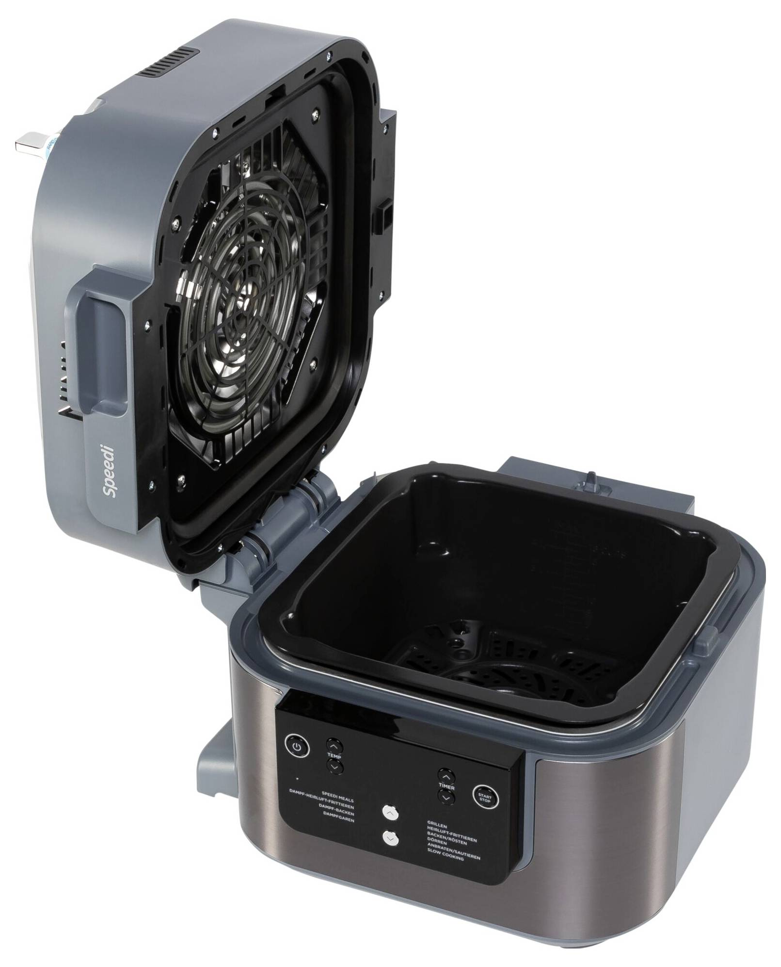 Otwarta frytkownica beztłuszczowa z cyfrowym wyświetlaczem i wentylatorem w pokrywie, przeznaczona do zdrowego gotowania bez użycia oleju.