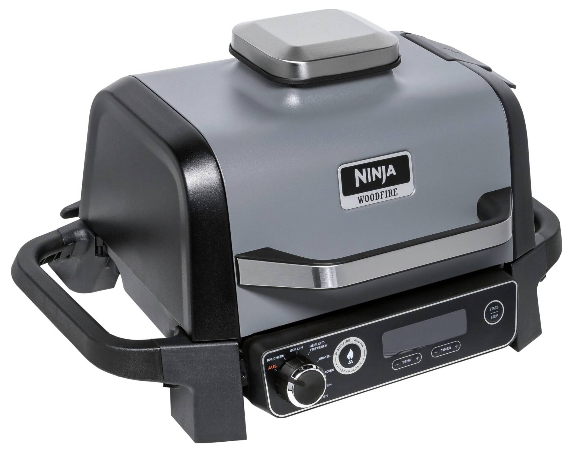 Szary grill stołowy z cyfrowym wyświetlaczem i kilkoma przyciskami. Na przedniej stronie widoczny jest napis 'Ninja Woodfire'.