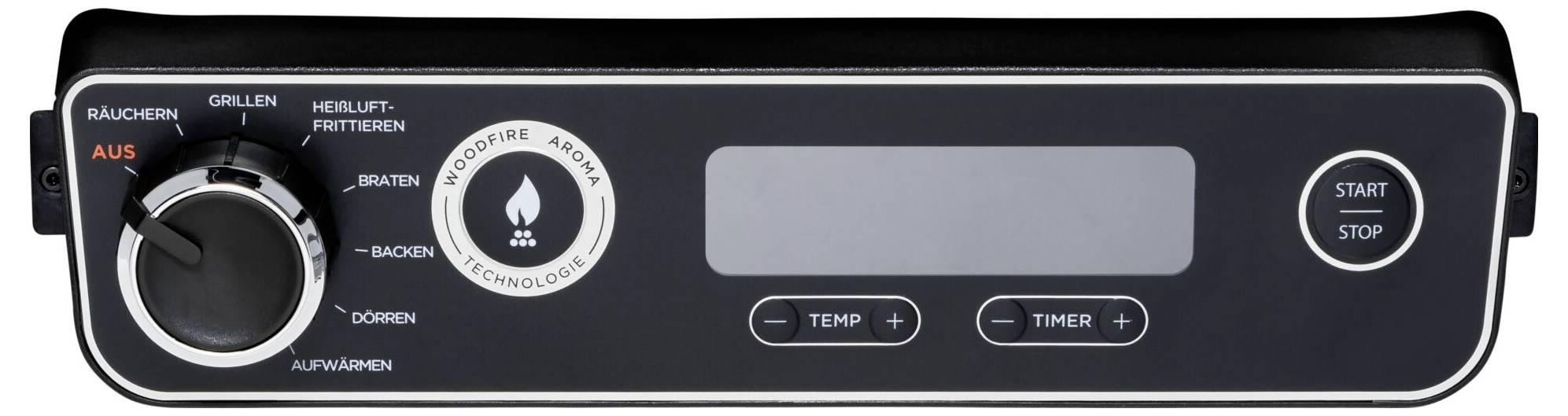 Panel sterujący piekarnika na gorące powietrze Garoflex Aroma z przyciskami do grillowania, smażenia na gorącym powietrzu, pieczenia, pieczenia w piekarniku, suszenia i podgrzewania. Wyświetlacze temperatury i timera.