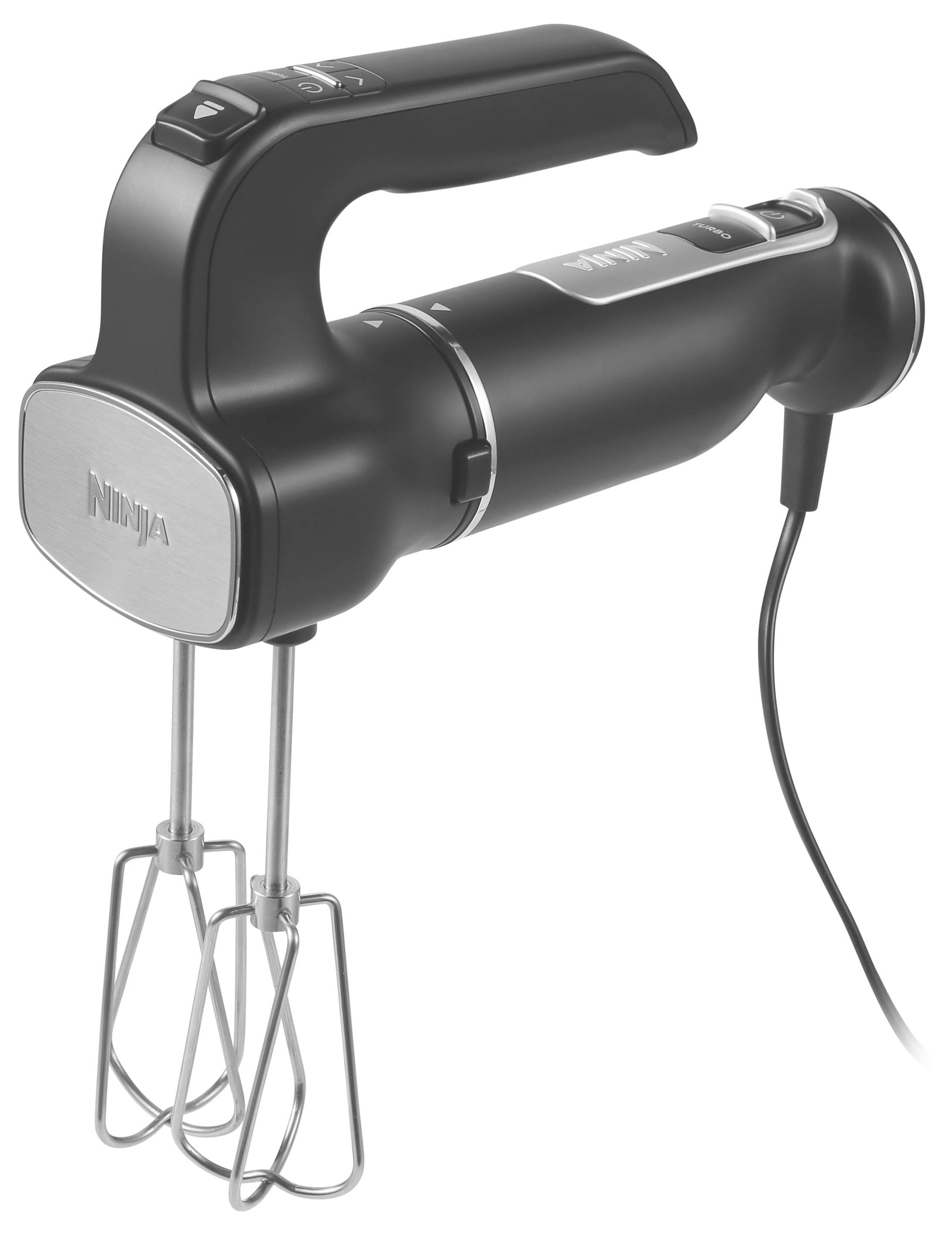 Czarny mikser ręczny z dwoma trzepaczkami i przewodem sieciowym, odpowiedni do mieszania ciasta lub śmietany w kuchni.