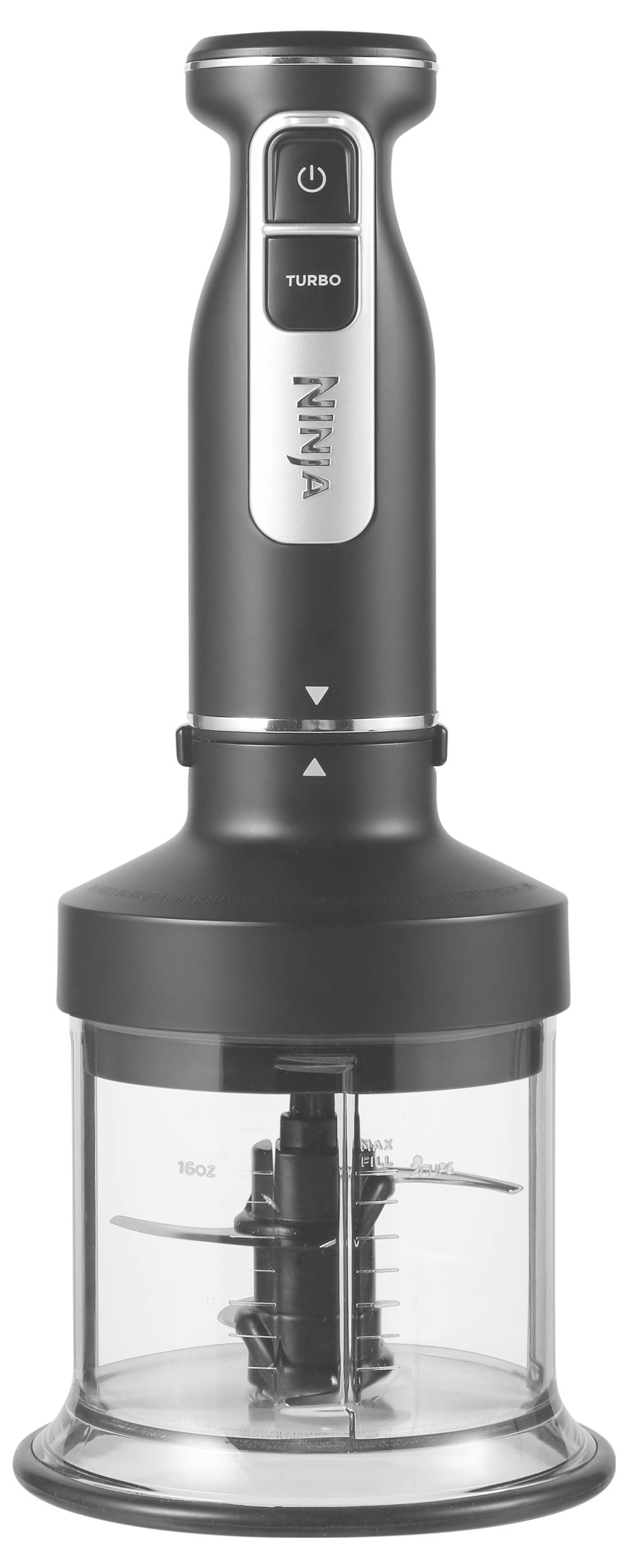 Czarny blender ręczny z przezroczystym pojemnikiem i ostrzami ze stali nierdzewnej. Urządzenie posiada przycisk Turbo i logo marki na przedniej stronie.
