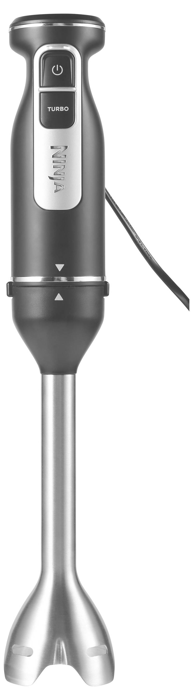 Czarny blender ręczny z srebrną stalową podstawą, przyciskiem włączania/wyłączania i przyciskiem 'Turbo'; odpowiedni do rozdrabniania i miksowania potraw.