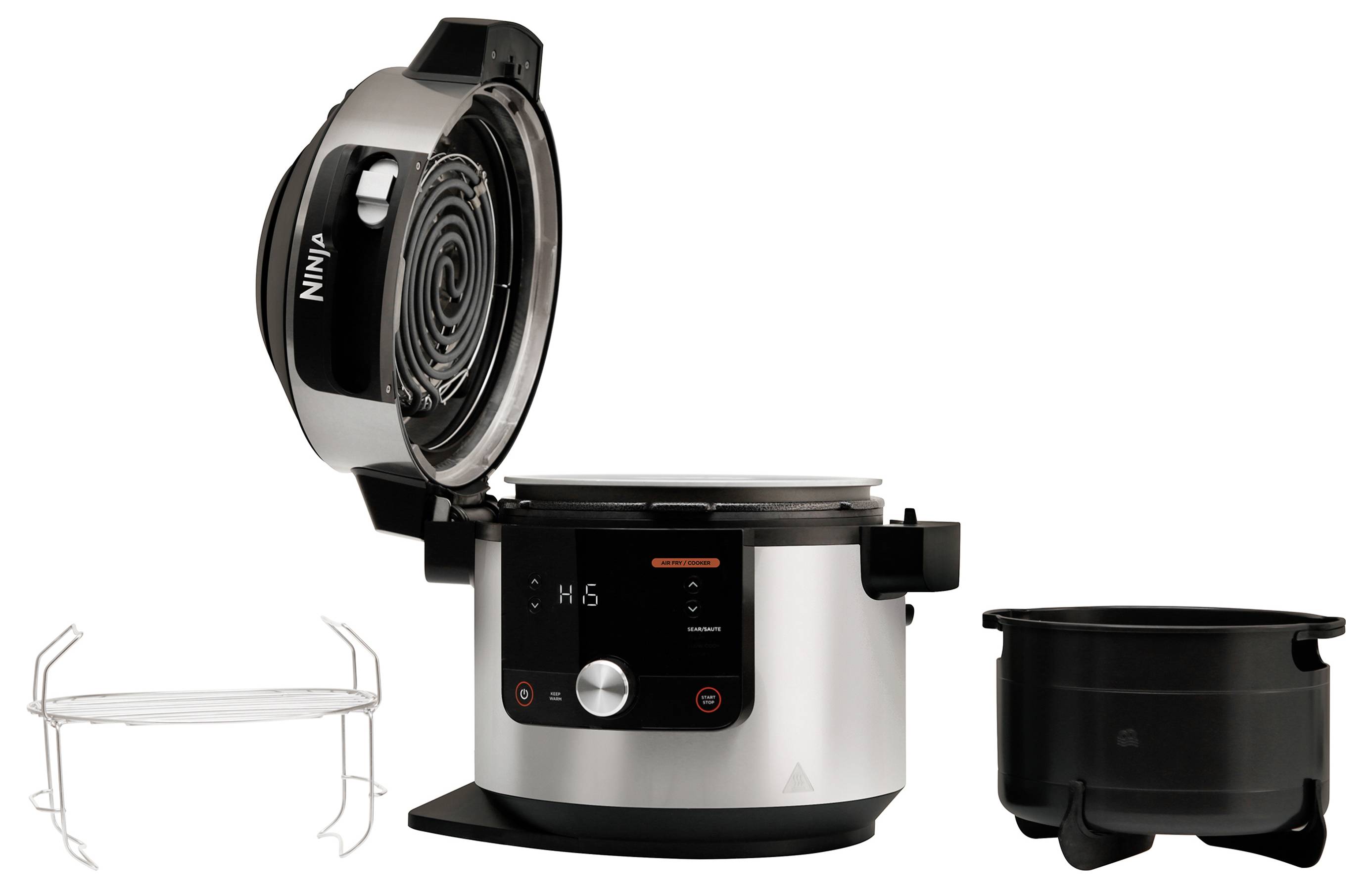 Elektryczny wielofunkcyjny garnek z otwartą pokrywą, wyświetlaczem i przyciskami sterującymi, z metalową kratką oraz wyjmowaną czarną misą.