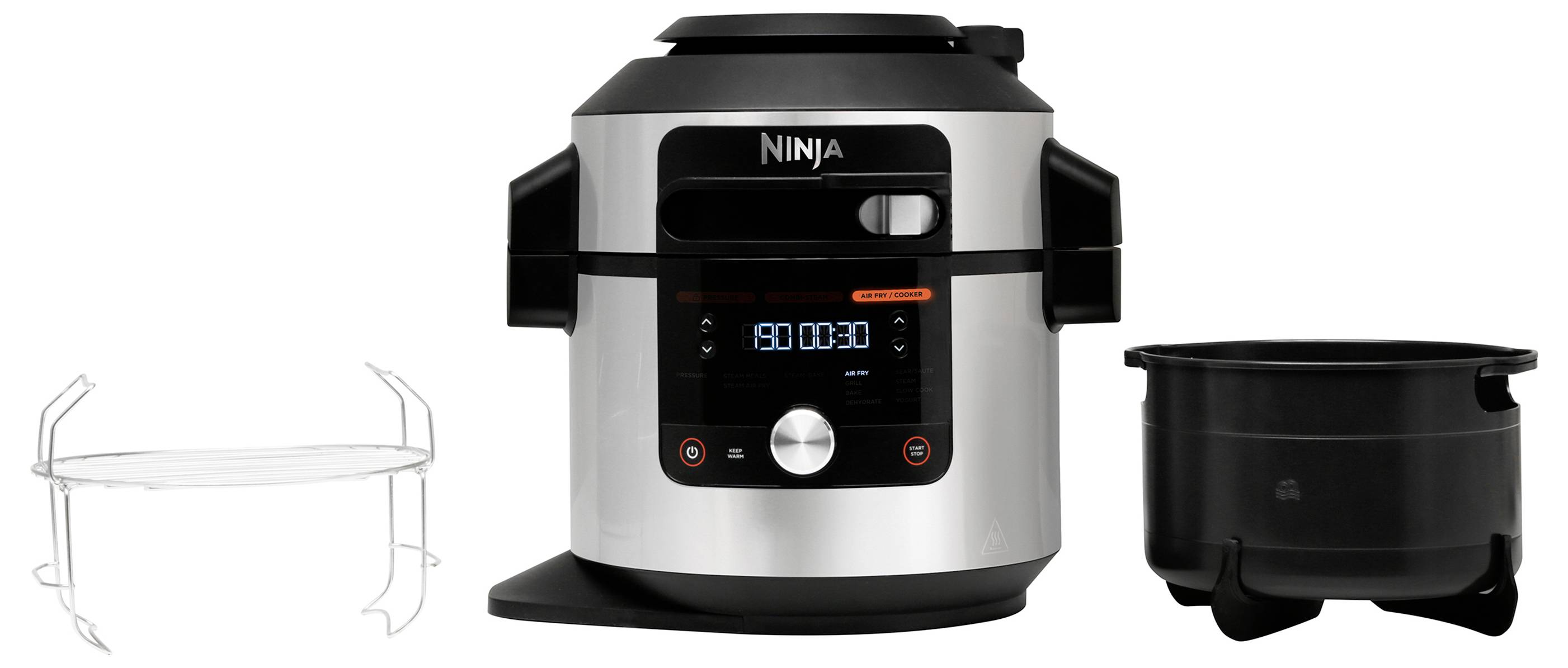 Robot kuchenny z wyświetlaczem cyfrowym, wskazującym '19:00 00:30'. Po lewej stronie ociekacz, po prawej czarny garnek.