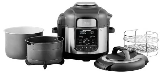 Wielofunkcyjny robot kuchenny z wyświetlaczem cyfrowym, dwoma garnkami, pokrywą i koszyczkiem do gotowania na parze.