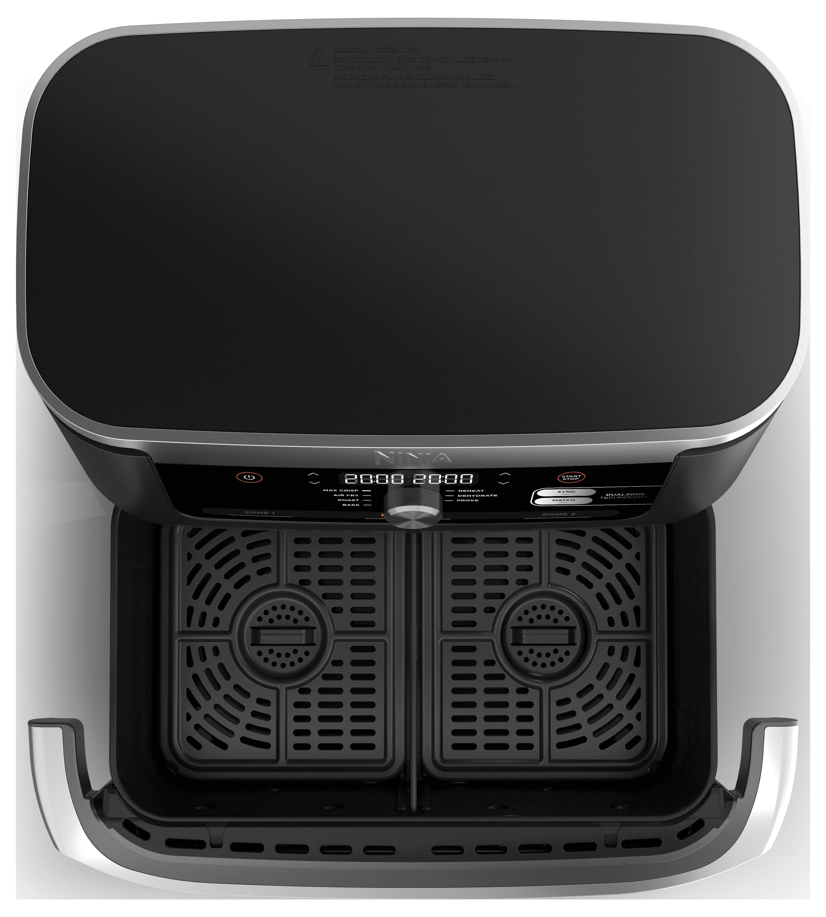 Czarna frytownica powietrzna z dwoma wyjmowanymi koszykami do smażenia oraz cyfrowym panelem sterowania z przodu.