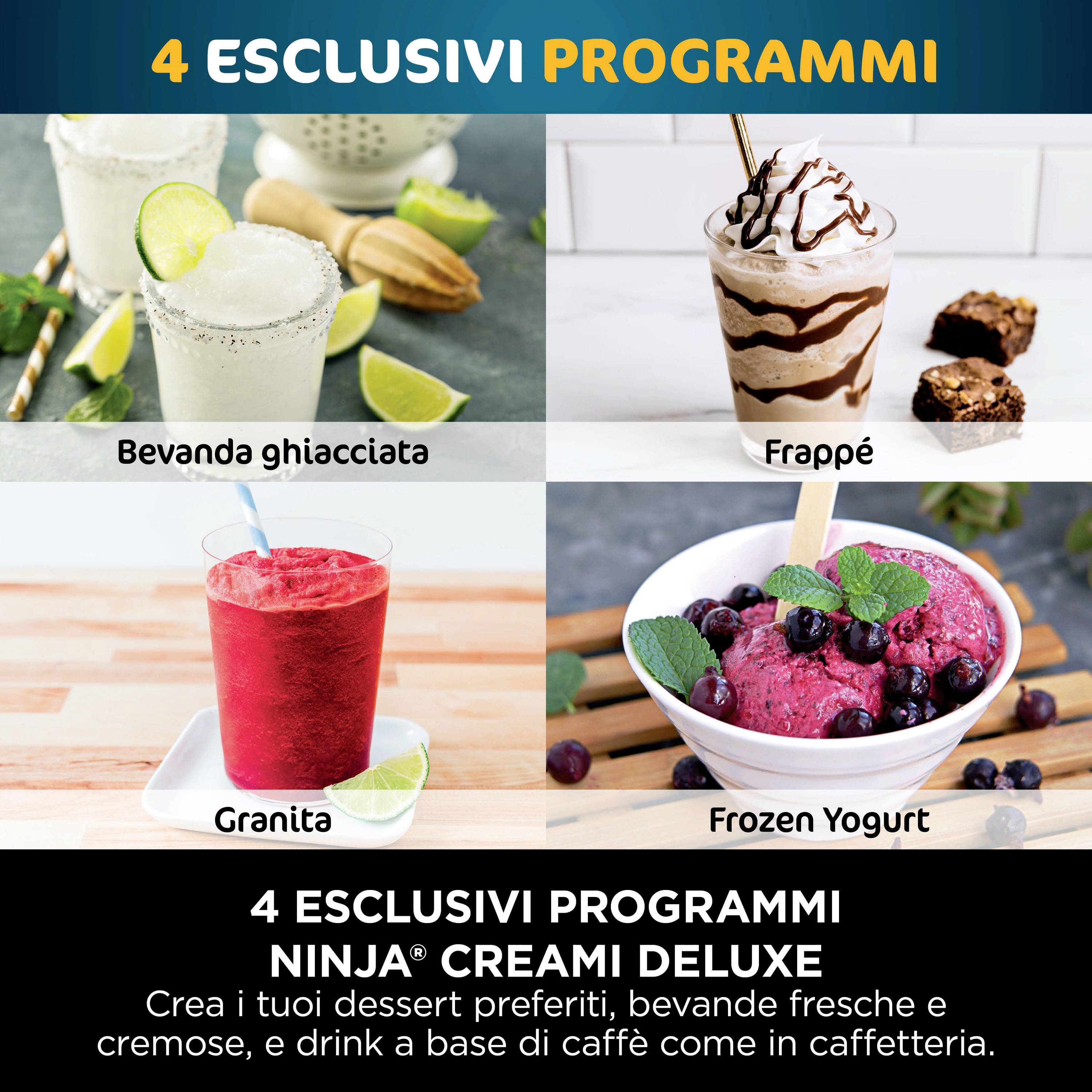 Cztery napoje: 'Napój lodowy', 'Frappé', 'Granita', 'Mrożony jogurt'. Promocja urządzenia Ninja Creami Deluxe.