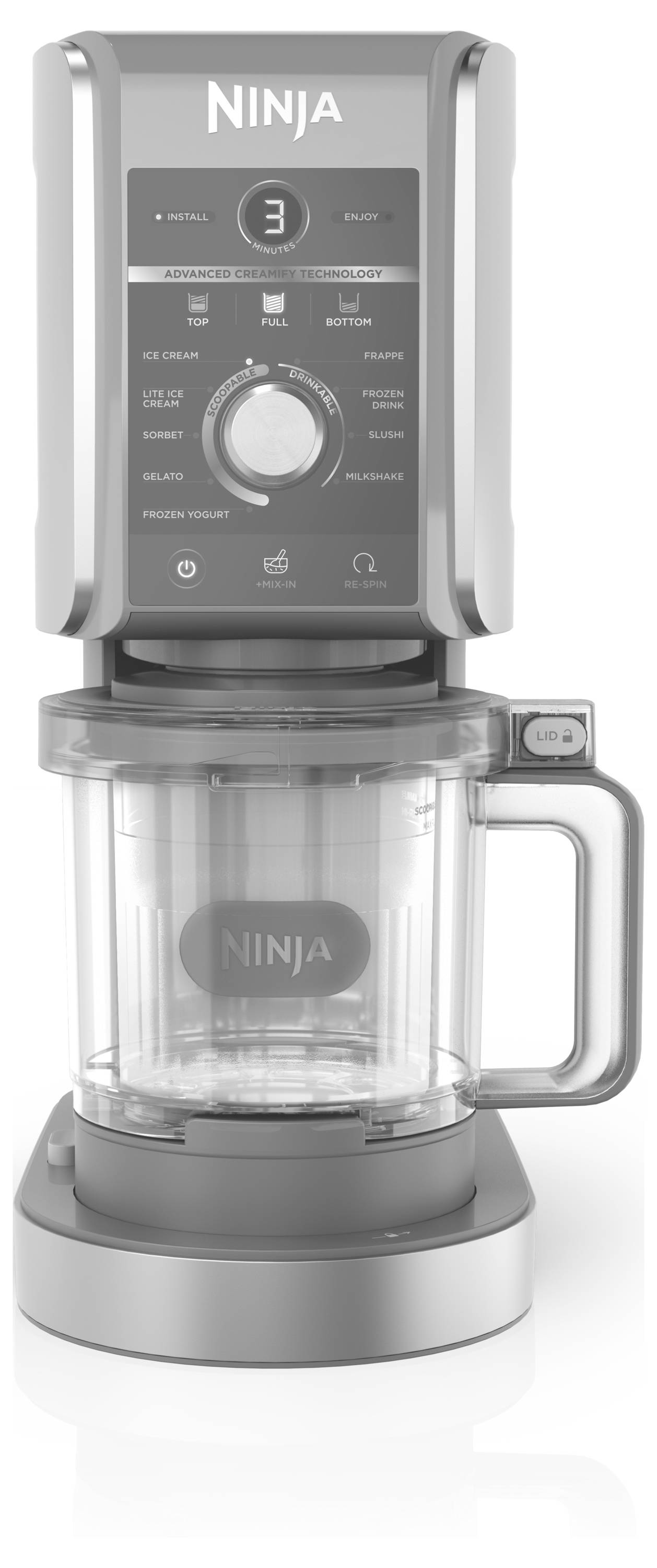 Szary, pionowy blender marki Ninja z różnymi ustawieniami, przeznaczony do przygotowywania smoothies lub zup.