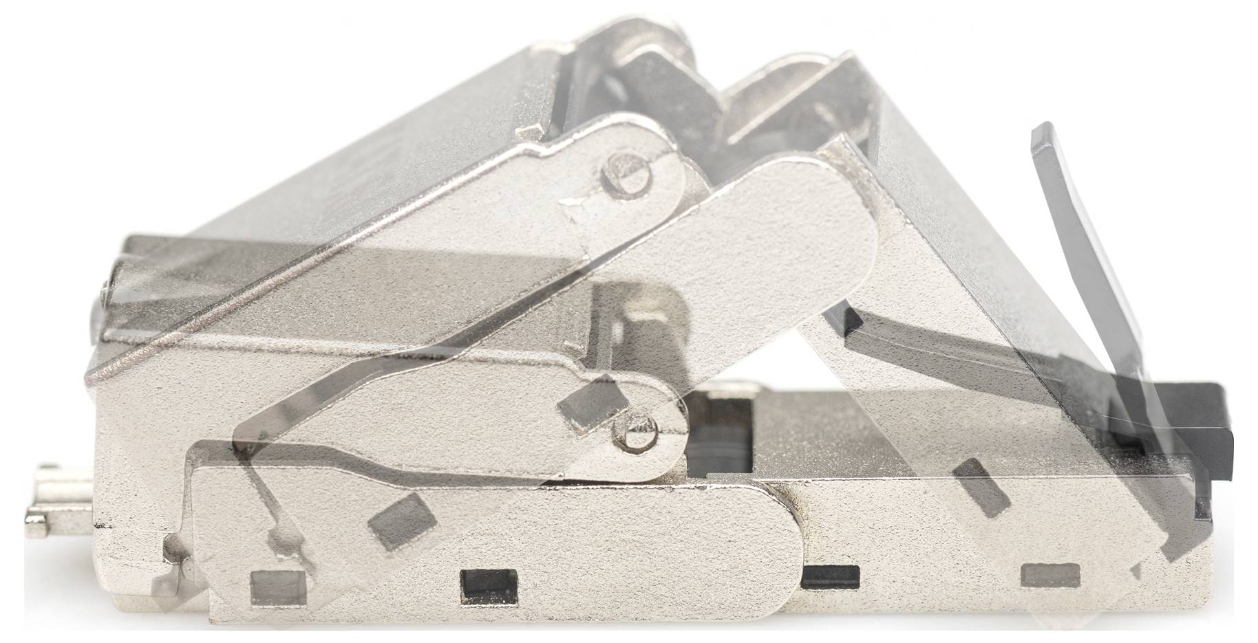 Zawias z mechanicznym przegubem przedstawiający zakresy ruchu w różnych pozycjach.