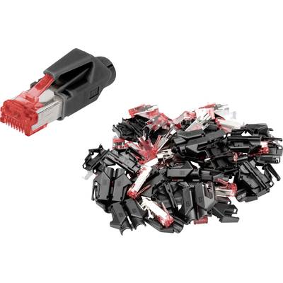 Duży stos czarnych i czerwonych wtyczek RJ45, odpowiednich do połączeń kablowych sieciowych. Pojedyncza wtyczka w lewym górnym rogu jako widok szczegółowy.
