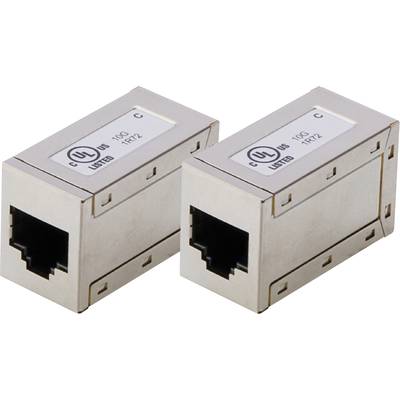 'Dwa srebrne złącza sieciowe RJ45-Cat6a umieszczone obok siebie, odpowiednie do połączeń sieciowych; z logo UL i specyfikacjami.'
