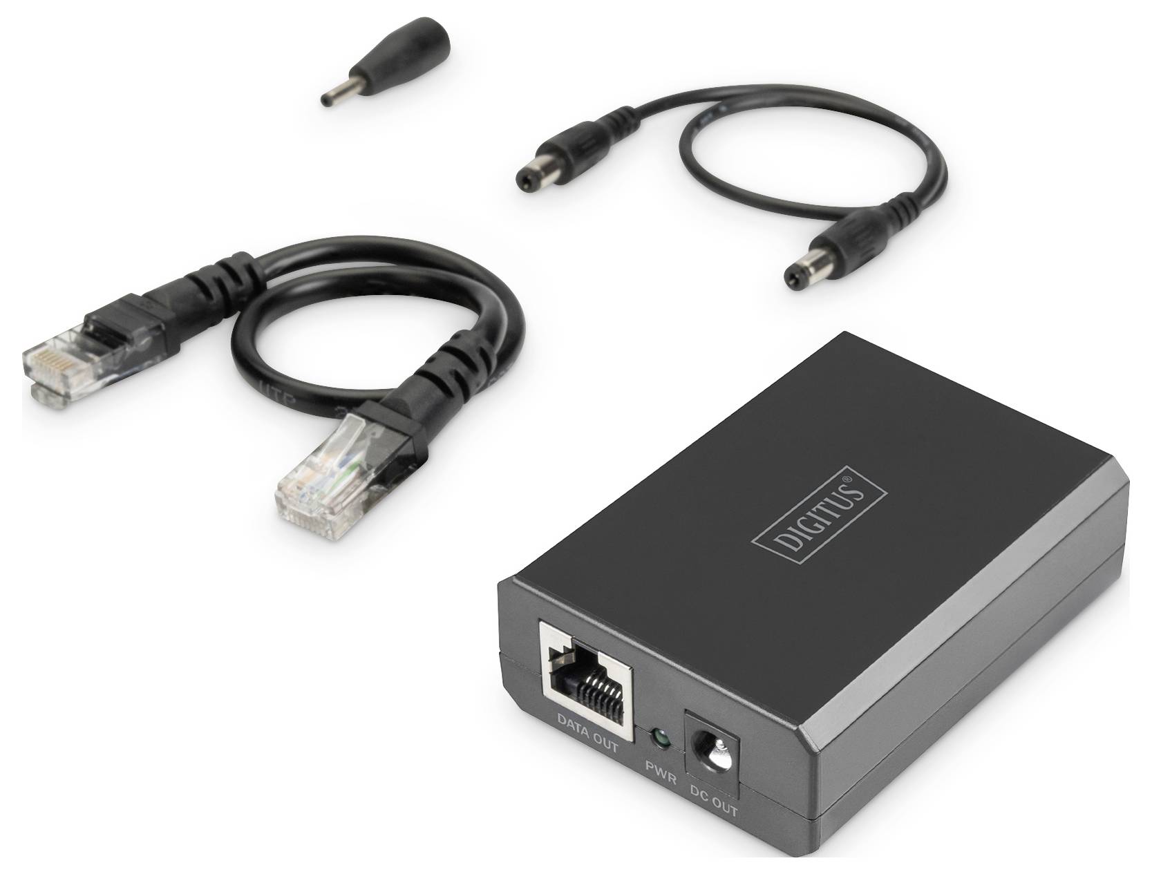 Zasilacz z kablami Ethernet i zasilającymi, odpowiedni do zasilania urządzeń sieciowych za pośrednictwem technologii Power over Ethernet (PoE).