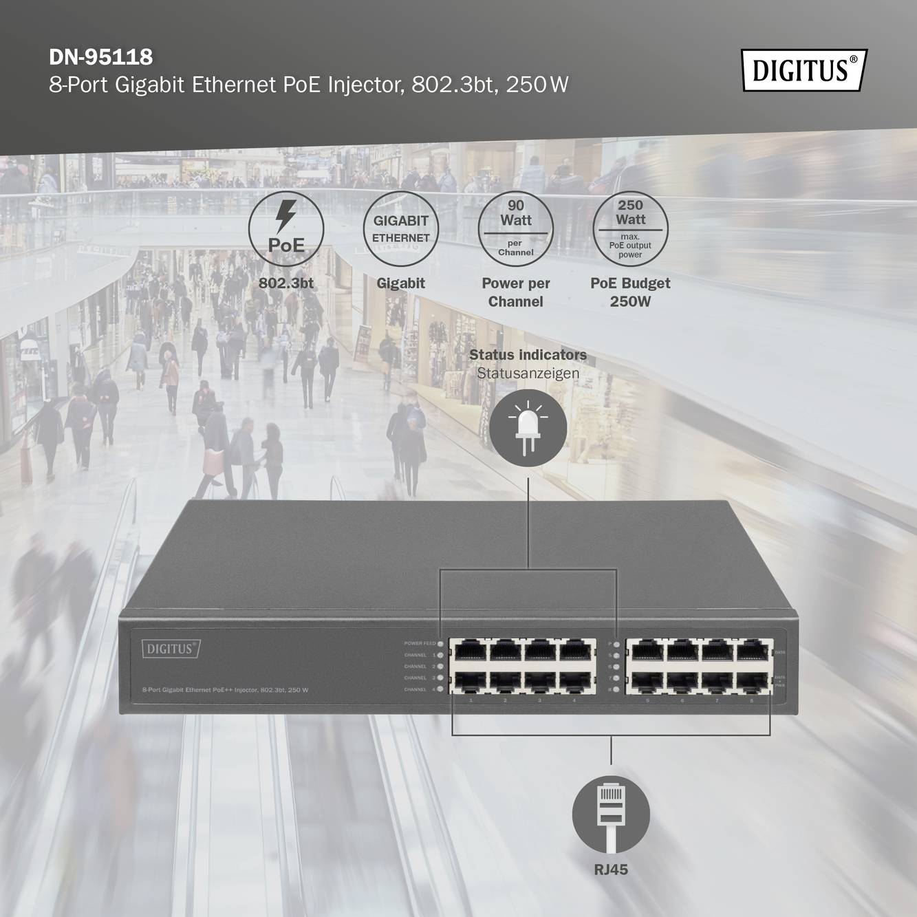 8-portowy wstrzykiwacz Gigabit Ethernet PoE z 802.3bt, 250W. Obsługuje PoE++ do 90W na kanał. Odpowiedni dla połączeń Gigabit.