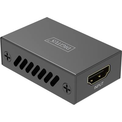 Mały czarny adapter z wejściem HDMI, bocznymi otworami wentylacyjnymi i napisem 'DIGITUS' na górnej powierzchni.