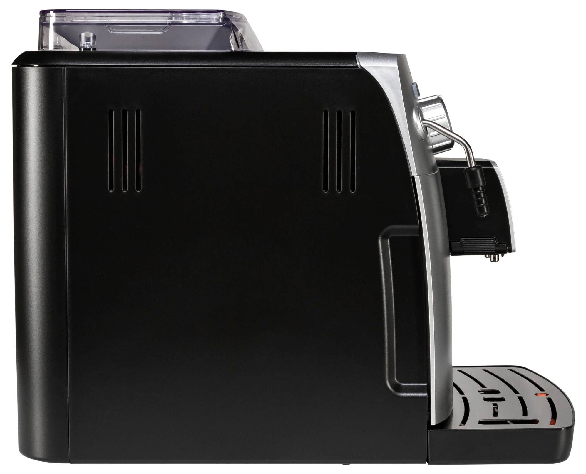 Czarna ekspres do kawy sfotografowana z boku, z zbiornikiem na wodę na górze i tacką ociekową na dole, gotowa do przygotowania kawy.