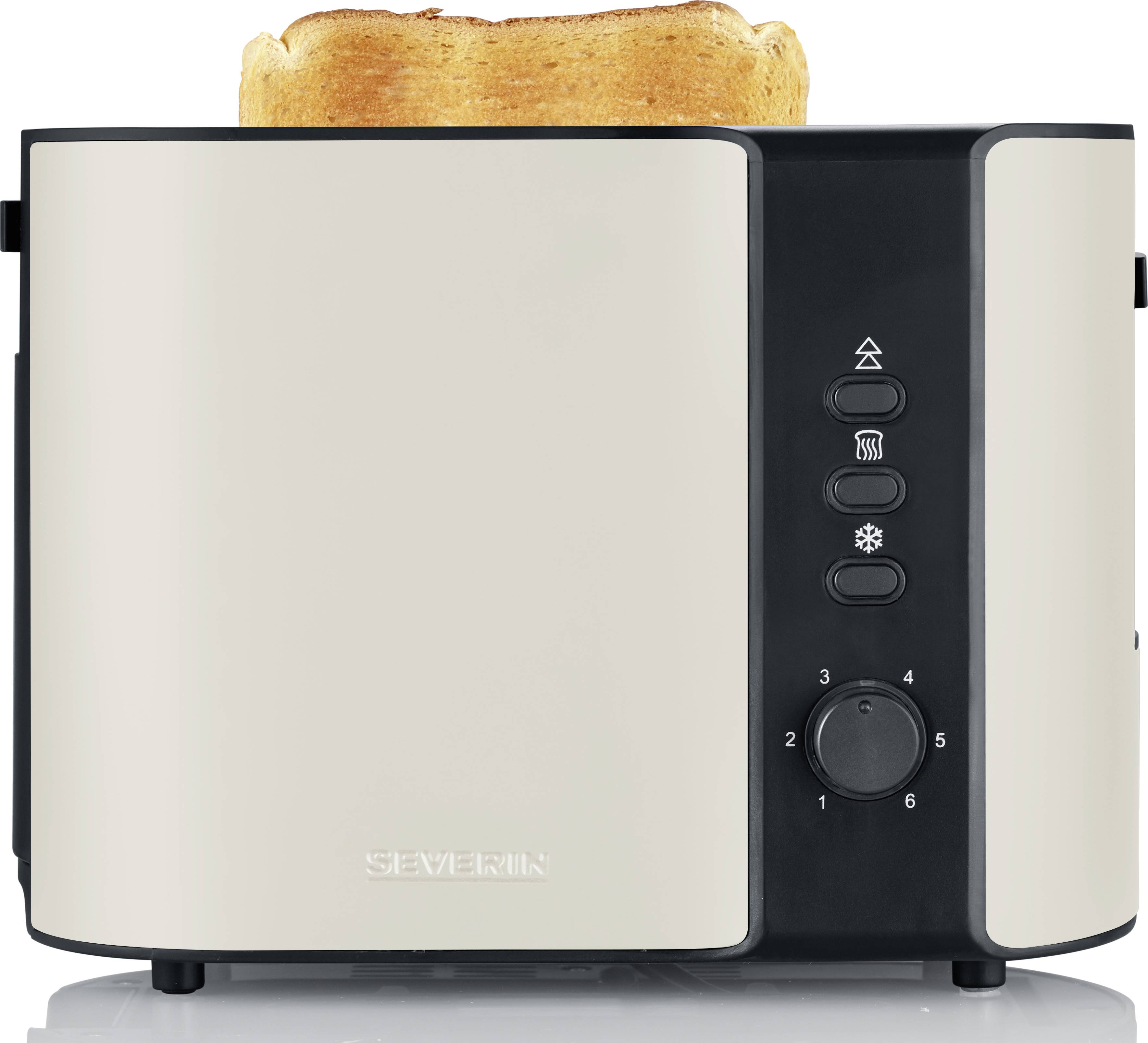 Toster z jednym kawałkiem tosta włożonym do szczeliny. Widoczne są elementy sterujące i ustawienia temperatury. Urządzenie ma nowoczesny design.