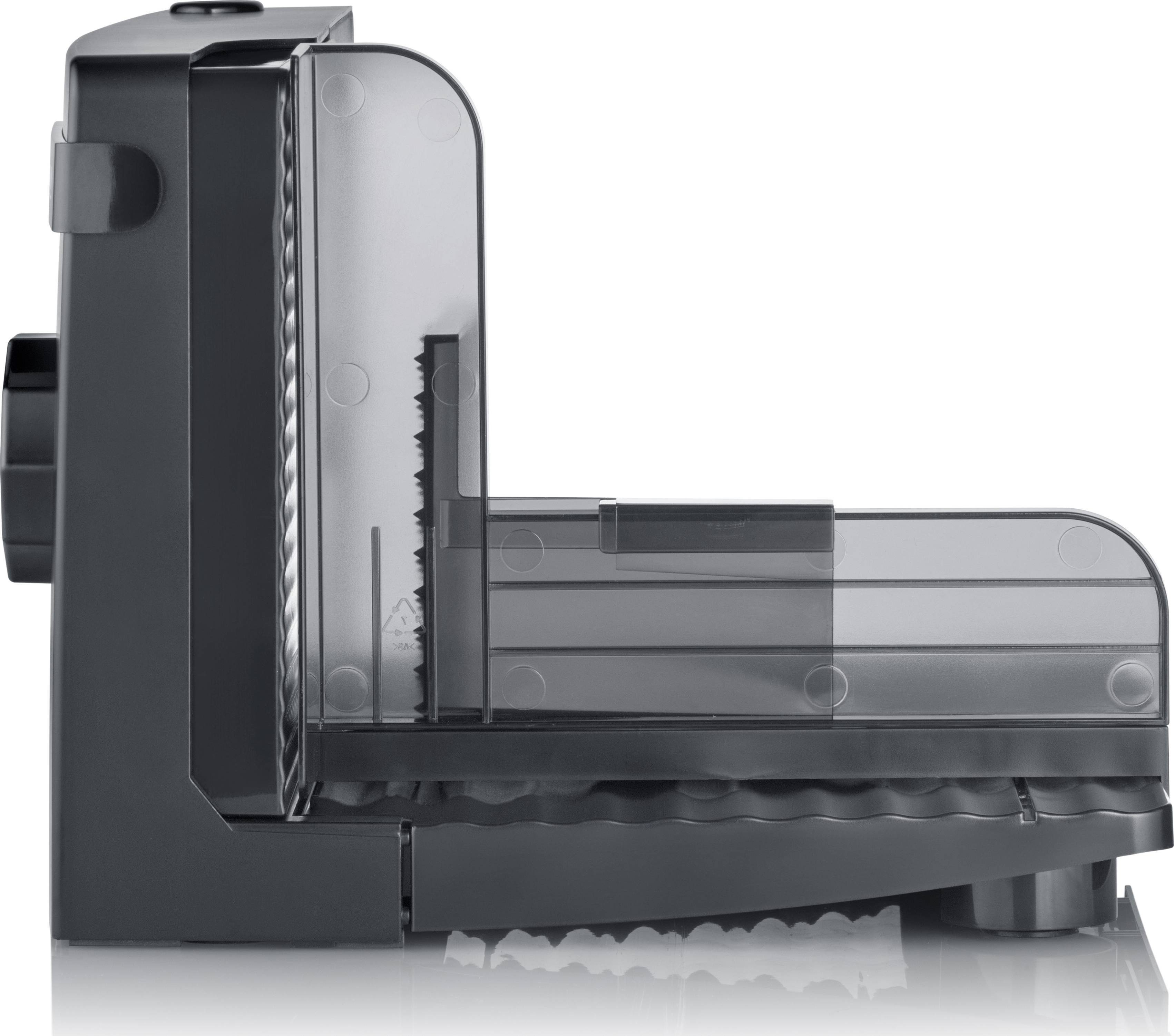 Elektryczny nóż wielofunkcyjny widziany z boku, z szarą obudową i przezroczystą osłoną zabezpieczającą ostrze.