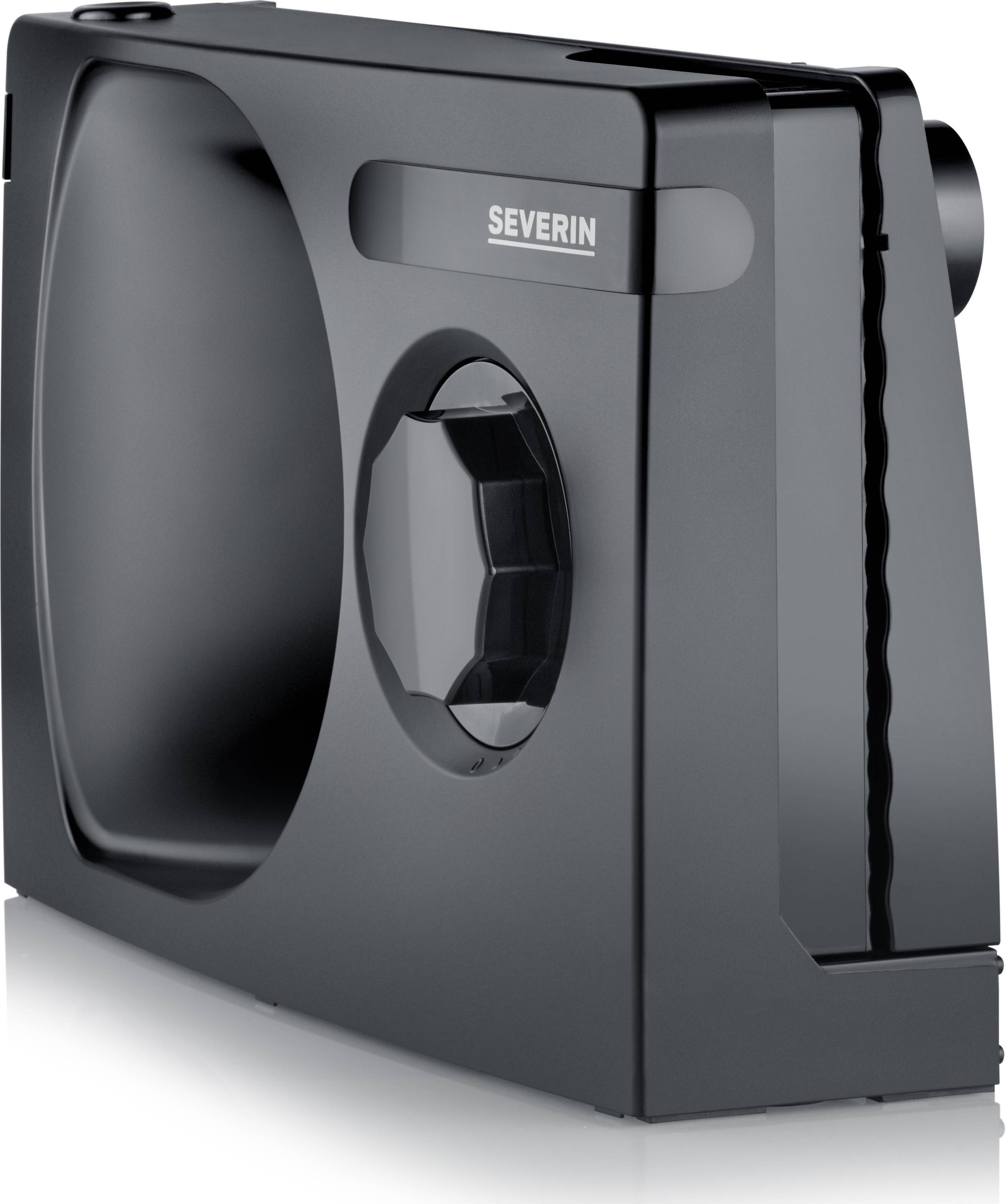 Elektryczny uniwersalny krajalnik Severin w kolorze czarnym, o prostokątnej obudowie zaokrąglonych krawędziach i centralnym pokrętle regulacyjnym.