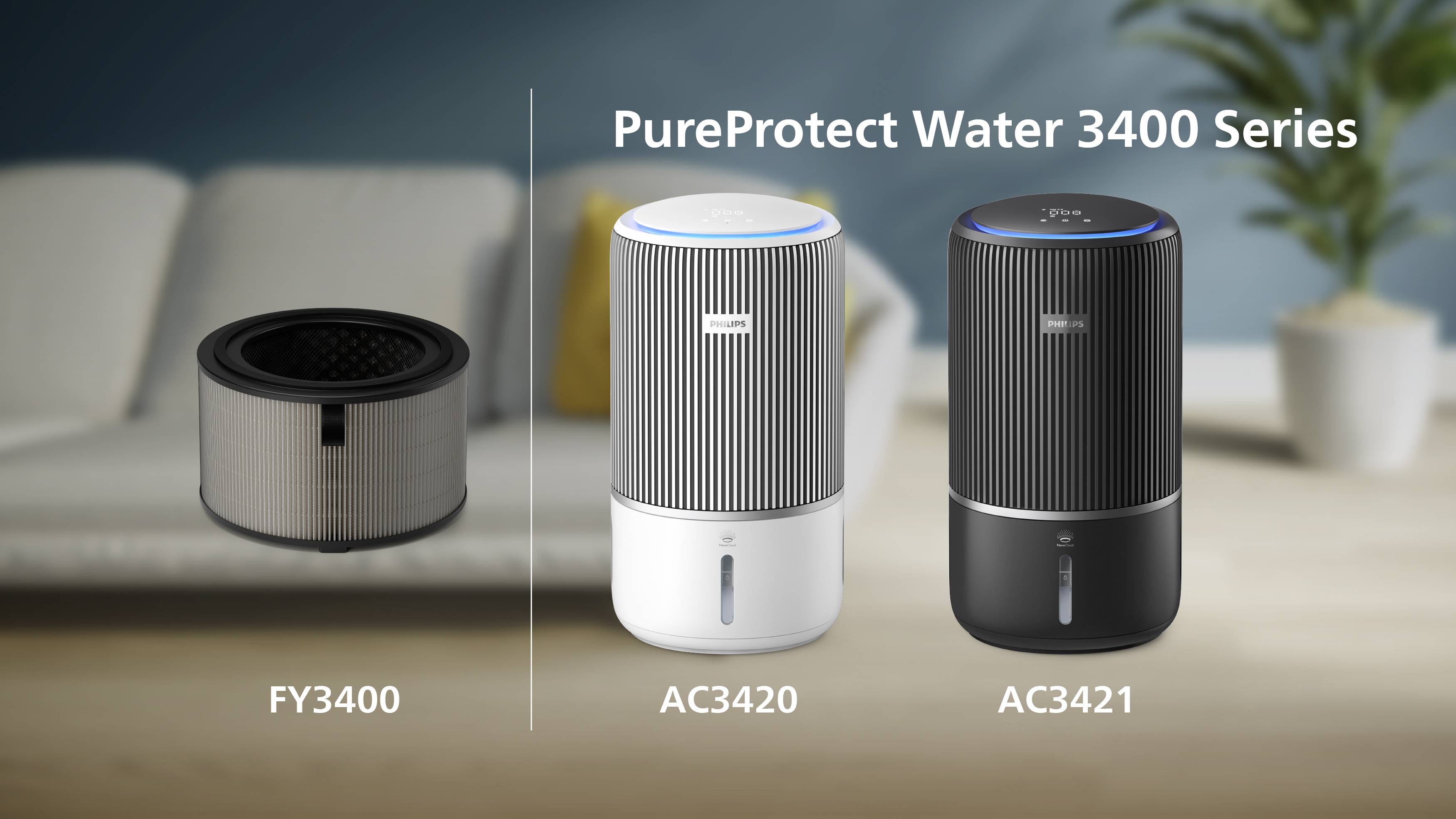 Oczyszczacz powietrza z serii 'PureProtect Water 3400' z modelami FY3400, AC3420 i AC3421 na niewyraźnym tle.