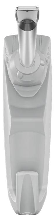 Szary elektryczny golarka z wygiętą głowicą, widok z góry.