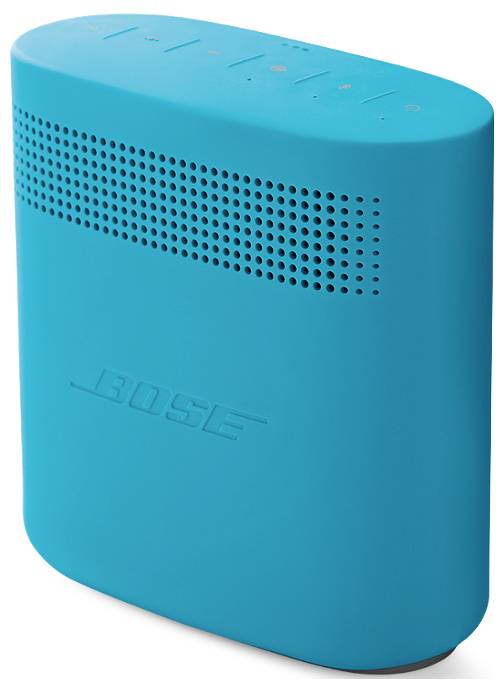 Przenośny niebieski głośnik z napisem 'Bose'. Na górze przyciski sterujące.