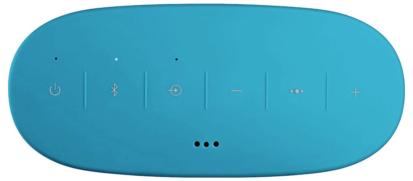 Niebieska, owalna płyta sterowania głośnikiem z symbolami włączania/wyłączania, Bluetooth, odtwarzania/pauzy, głośności i połączenia.