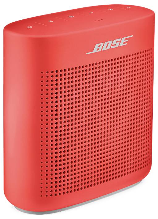 Czerwony przenośny głośnik z białym logo 'Bose' na przedniej stronie. Prostokątny kształt, perforacje do wyprowadzenia dźwięku.
