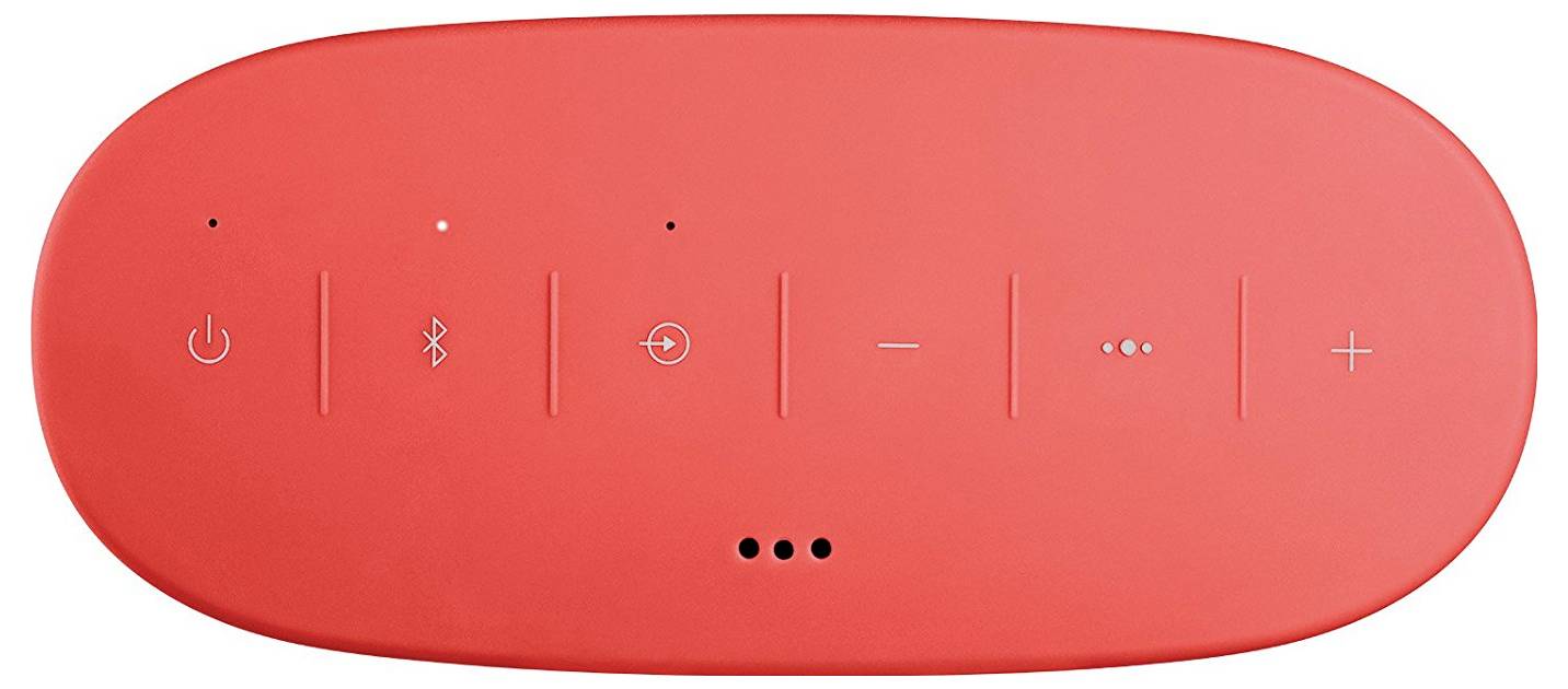 Czerwona przenośna kolumna Bluetooth, widok z góry z symbolami włączania/wyłączania, połączenia Bluetooth, regulacji głośności i mikrofonu.