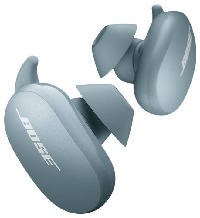 Dwa bezprzewodowe słuchawki douszne w kolorze niebieskim, sygnowane marką 'Bose'. Mają owalny kształt i nakładki zapewniające lepsze dopasowanie w uchu.