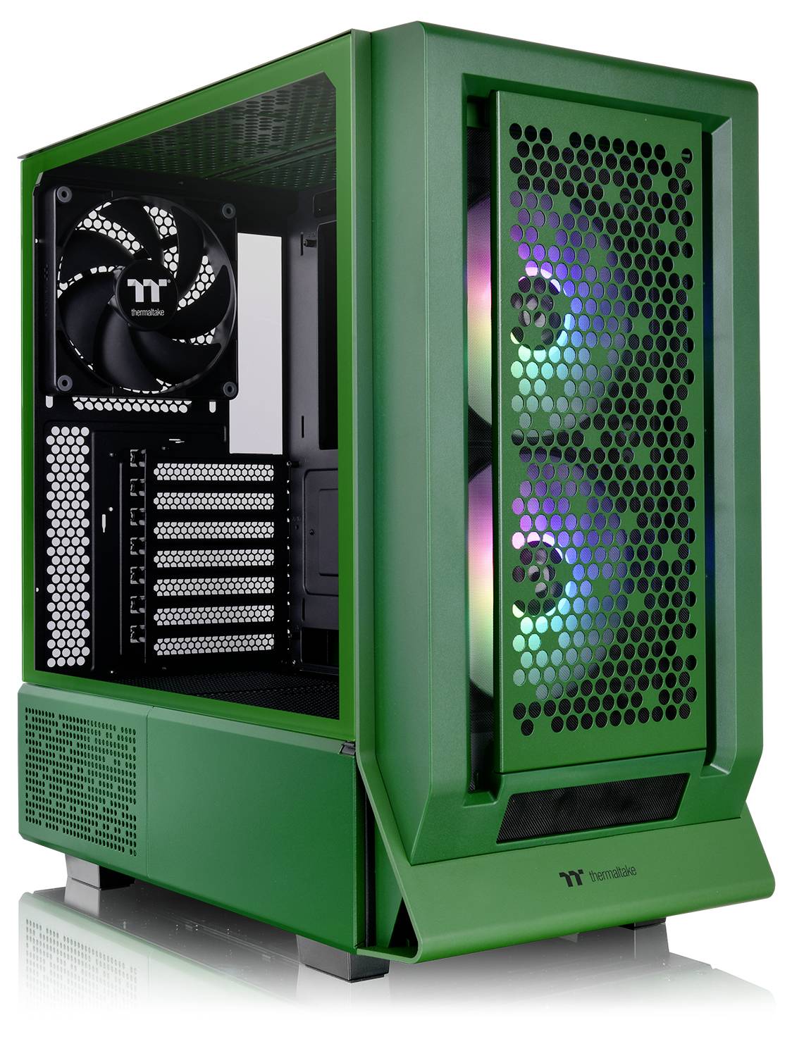 Zielona obudowa komputera z widocznymi wentylatorami i podświetleniem RGB; dwa wentylatory z przodu, jeden wentylator z tyłu.