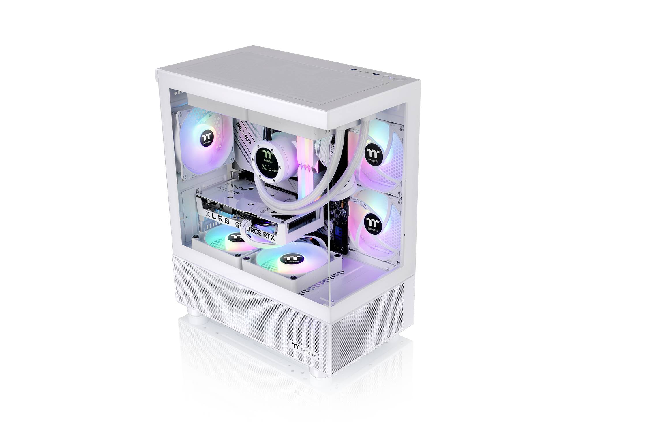 Biały komputer do gier z wieloma wentylatorami świecącymi w kolorach tęczy. Boczna ściana obudowy jest przezroczysta.