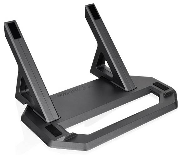 Czarny stojak na laptopa z podwyższoną, pochyloną platformą dla lepszej wentylacji i ergonomii, sfotografowany na białym tle.