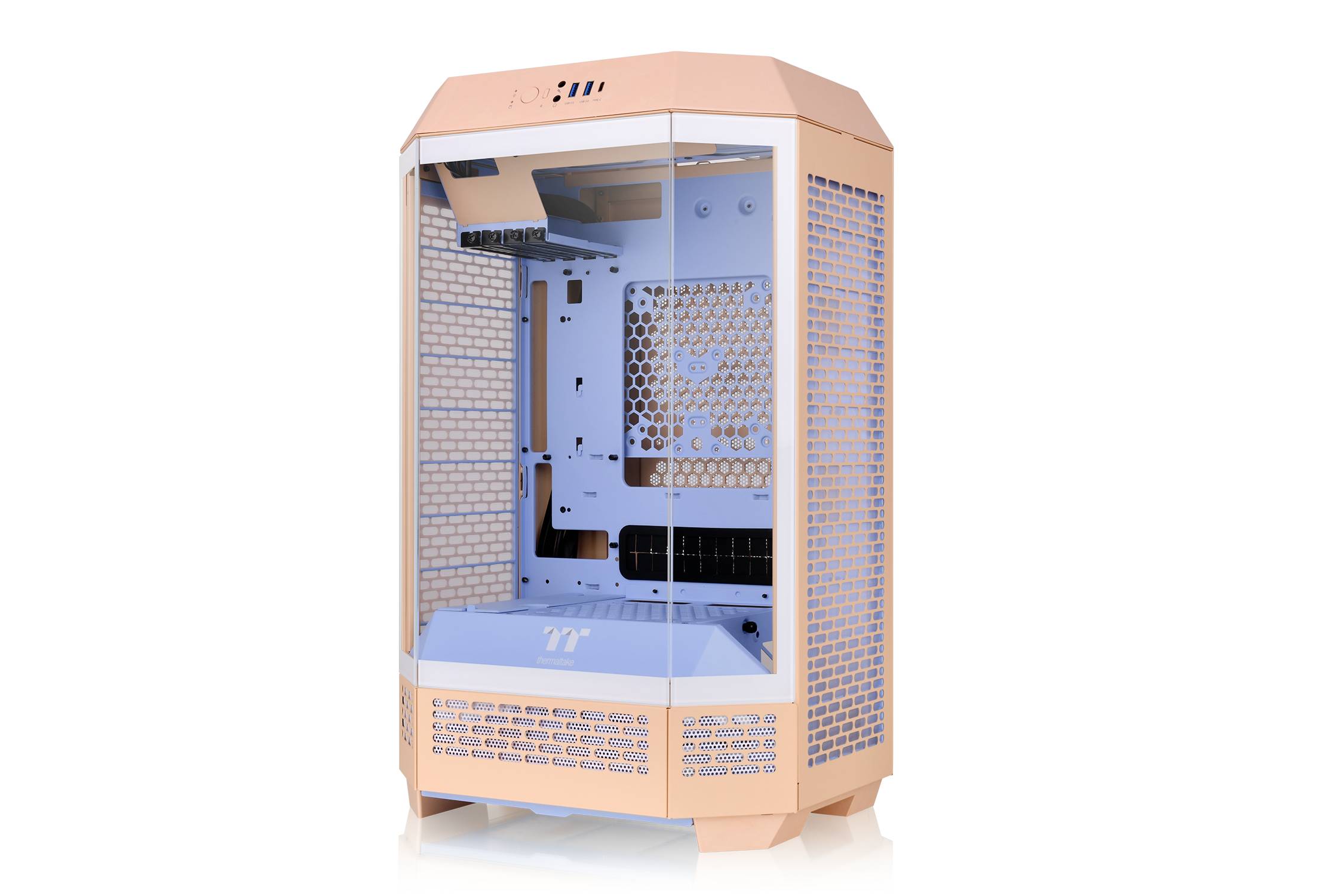 Obudowy komputerów w pastelowych kolorach z przezroczystymi ściankami bocznymi, które uwidaczniają ich wewnętrzną strukturę. Krawędzie i szczeliny wentylacyjne są wyraźnie widoczne.