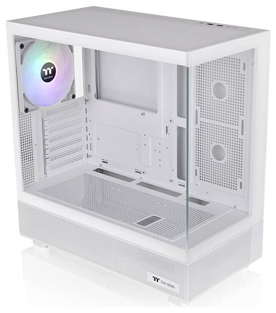 Pusty, biały komputer z kolorowymi wentylatorami; wewnątrz dekoracyjnie umieszczona figura z anime.