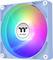 Okrągły wentylator komputerowy z podświetleniem LED w kolorach tęczy i niebieską obudową. Logo 'Thermaltake' na środku wentylatora.