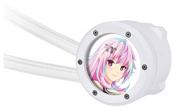 Okrągły biały element komputerowy z obrazkiem animowanej postaci z różowymi włosami i kolorowymi akcentami pośrodku.