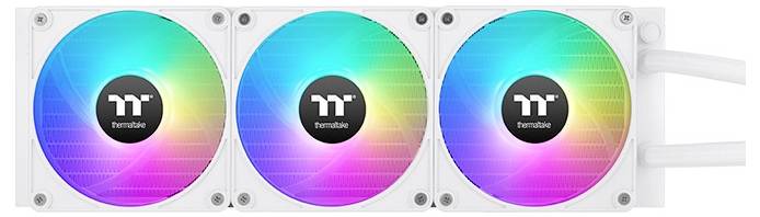 Trzy wentylatory komputerowe z podświetlonymi, kolorowymi światłami RGB na białej obudowie. Logo Thermaltake pośrodku każdego wentylatora.