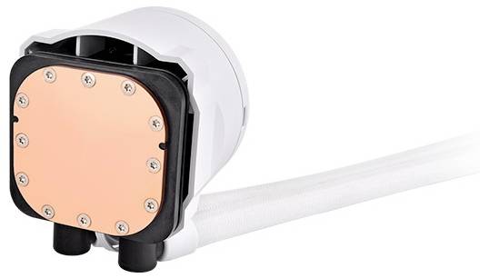 Pompa wodna z miedzianą płytą bazową, dwoma wężami przyłączeniowymi i białą obudową. Odpowiednia do systemów chłodzenia.