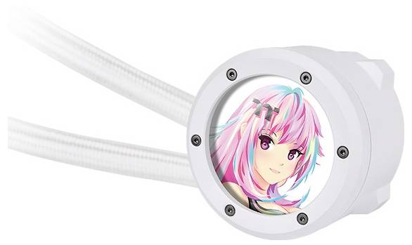 Pompa chłodnicza z nadrukiem animowanej postaci z różowymi i niebieskimi włosami na przedniej stronie.